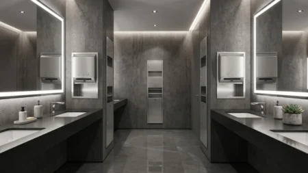 Minimalist, dar bir ticari tuvalette sıva altı paslanmaz çelik kombine havluluk ve çöp ünitelerinin entegrasyonu.