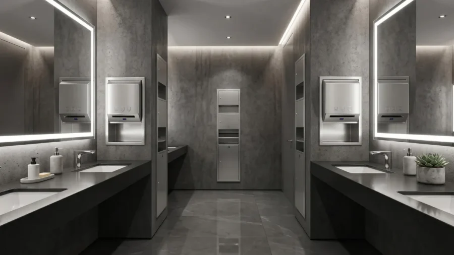Minimalist, dar bir ticari tuvalette sıva altı paslanmaz çelik kombine havluluk ve çöp ünitelerinin entegrasyonu.