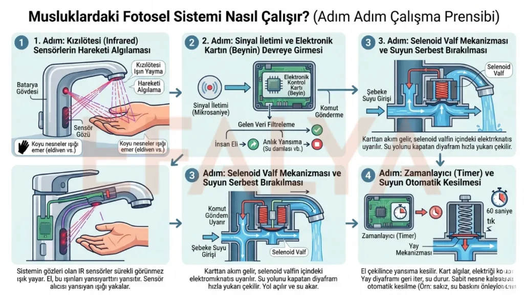 Fotoselli muslukların 4 adımlı çalışma prensibini gösteren teknik infografik: kızılötesi sensör, elektronik kart, selenoid valf ve zamanlayıcı.