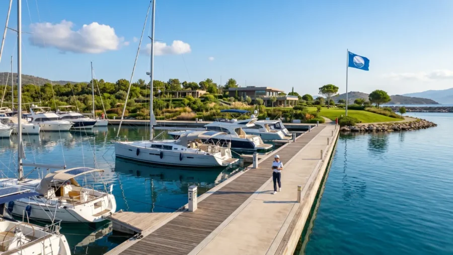 Mavi bayraklı sürdürülebilir bir yat limanında, deniz ekosistemini koruma ve yeşil liman standartlarını denetleyen tesis yöneticisi.