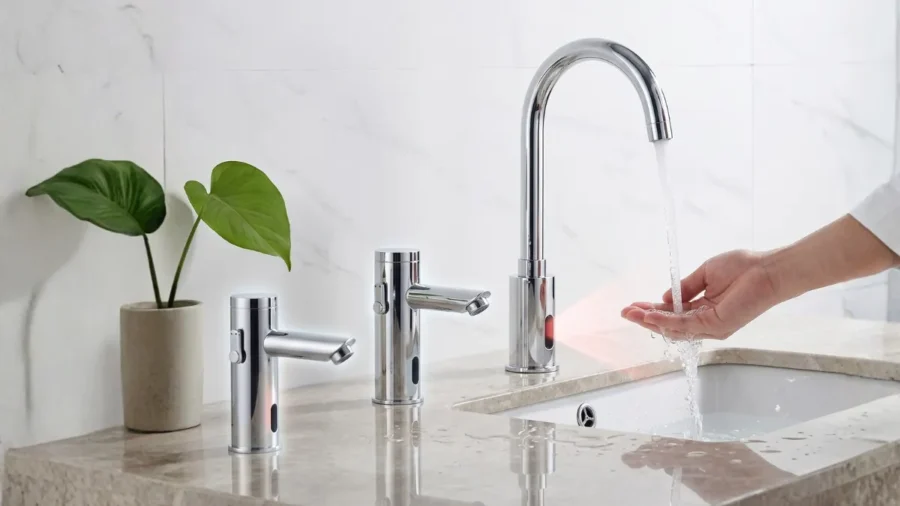 Modern mermer lavabo üzerinde su akıtan üç farklı paslanmaz çelik fotoselli batarya modeli.
