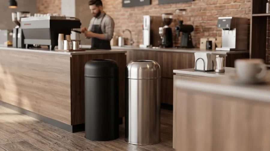 Modern bir kafe iç mekanında, ahşap tezgahın yanında yan yana duran paslanmaz çelik ve siyah torpil çöp kovaları modelleri. Arka planda barista çalışıyor.
