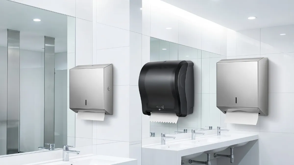 Modern ve beyaz tasarımlı kurumsal bir lavabo alanında, aynaların yanına monte edilmiş siyah ve paslanmaz çelik kağıt havlu dispenserleri.