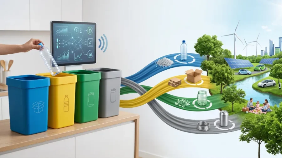 Akıllı geri dönüşüm kutularına atılan ambalaj atıklarının (plastik, kağıt, cam ve metal) kaynağında doğru ayrıştırılarak sürdürülebilir, yeşil bir doğaya dönüşüm sürecini anlatan 3D konsept.