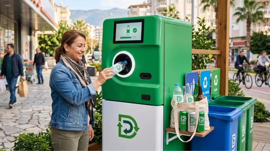 Zincir market önünde yer alan yeşil renkli DOA depozito iade makinesine (RVM) boş pet şişe iade eden tüketici.