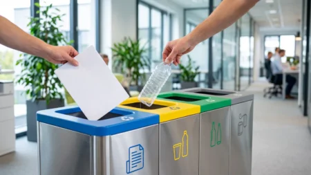Ofis geri dönüşüm istasyonu: Metin etiketleri (Paper, Plastic vb.) kaldırılmış, yerlerine evrensel piktogramlar yerleştirilmiş. İki el, simgeli bölmelere kağıt ve plastik şişe atıyor.