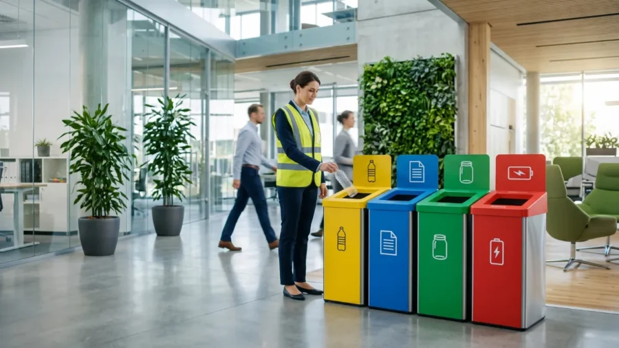 Modern ofis ortamında renk kodlu geri dönüşüm kutularına plastik şişe atan çalışan. Kurumsal çevre yönetimi ve ISO 14001 uyumlu atık ayrıştırma.