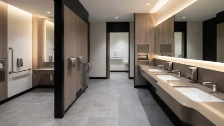 AVM tuvaletlerinde ergonomik lavabo tezgâhı, sensörlü hijyen ekipmanları ve engelsiz trafik akışı tasarımı