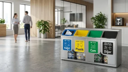 Modern ofis ortamında konumlandırılmış, renk kodlu ve poşet çemberli paslanmaz çelik sıfır atık ünitesi ve geri dönüşüm kutuları