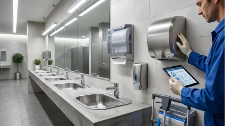Modern ticari bir lavaboda paslanmaz çelik el kurutma makinesi, kağıt havlu ve sıvı sabun dispenseri için dijital tablet üzerinden periyodik bakım planı uygulayan uzman teknisyen.