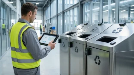 Endüstriyel bir tesiste tablet üzerinden dijital atık takip sistemini kontrol eden uzman ve IoT sensörlü paslanmaz sıfır atık kutuları.