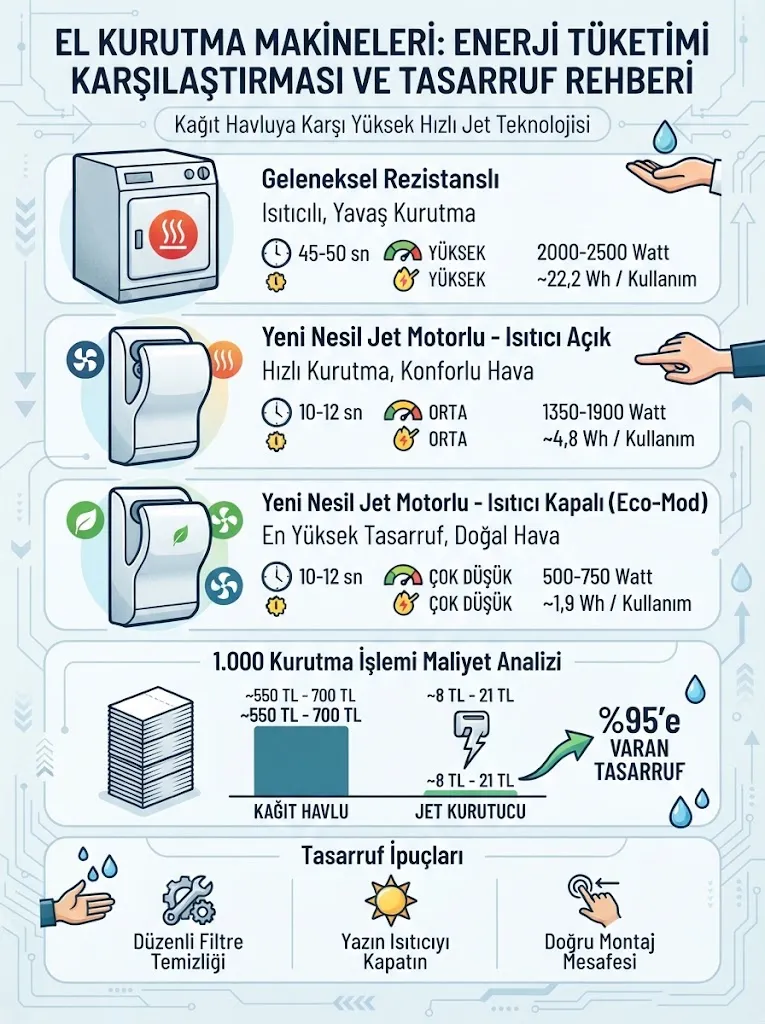 El kurutma makineleri ve kağıt havlu enerji maliyeti karşılaştırma infografiği