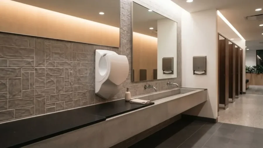 Modern kurumsal tuvalette duvara monte fotoselli el kurutma makinesi ve lavabo alanı