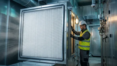 Endüstriyel HVAC havalandırma santraline H14 sınıfı sızdırmaz HEPA filtre montajı ve denetimi yapan mekanik tesisat uzmanı.