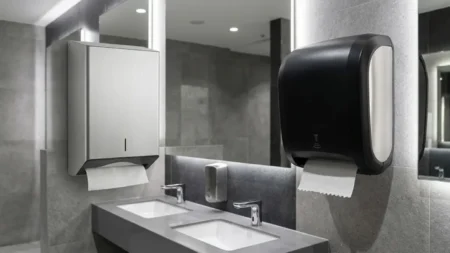 Modern bir lavaboda yan yana monte edilmiş, paslanmaz çelik manuel katlamalı kâğıt havlu dispenseri ile siyah renkli sensörlü rulo kâğıt havlu makinesi karşılaştırması.
