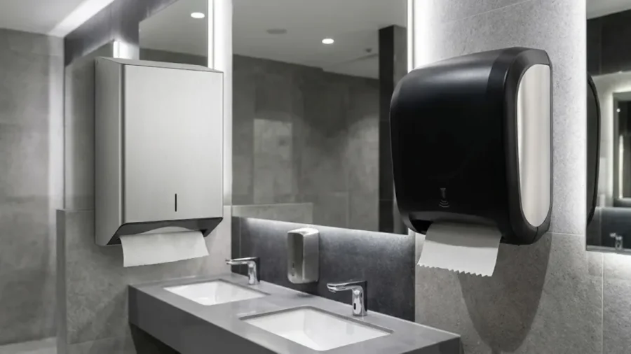 Modern bir lavaboda yan yana monte edilmiş, paslanmaz çelik manuel katlamalı kâğıt havlu dispenseri ile siyah renkli sensörlü rulo kâğıt havlu makinesi karşılaştırması.